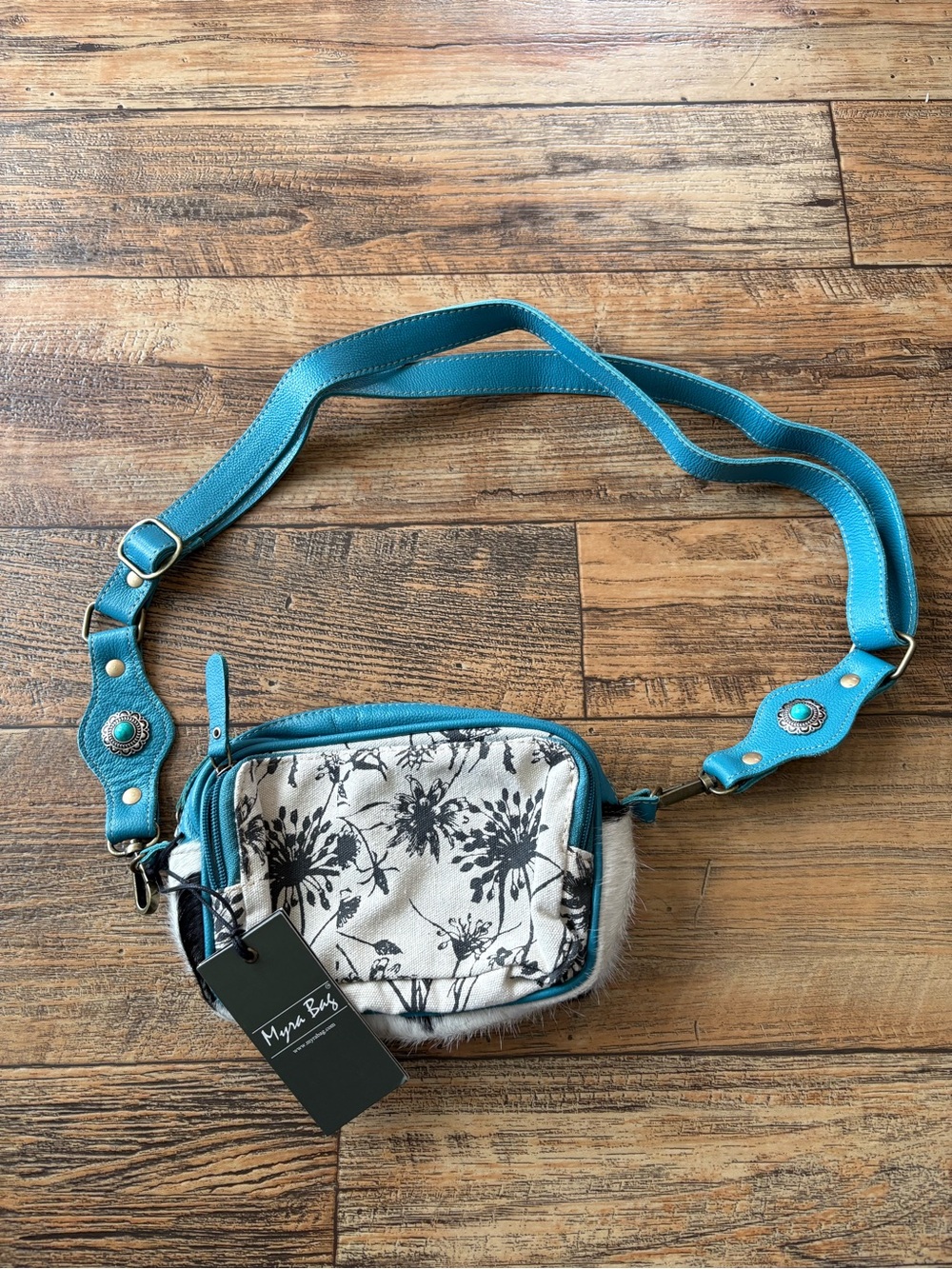 Myra Bag Turquoise Faux Leather Crossbody with Floral Canvas Pocket